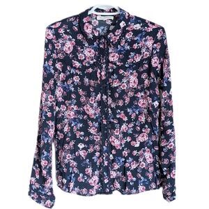 TRAMONTANA Navy Blue Floral Pink Roses Button Down Shirt Small @V